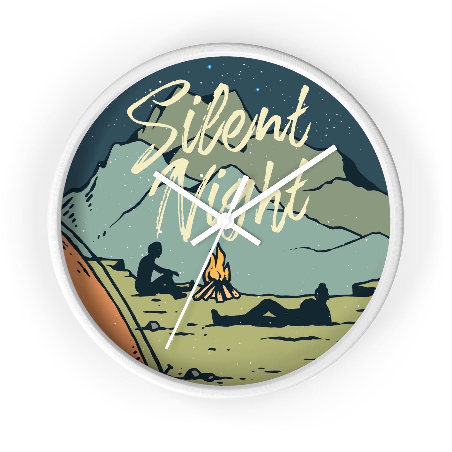 Camping wall clock – two people near fire, white frame, white hands
