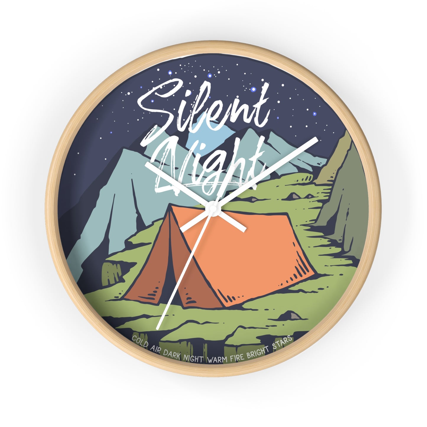 Camping wall clock – tent at night, wood frame, white hands