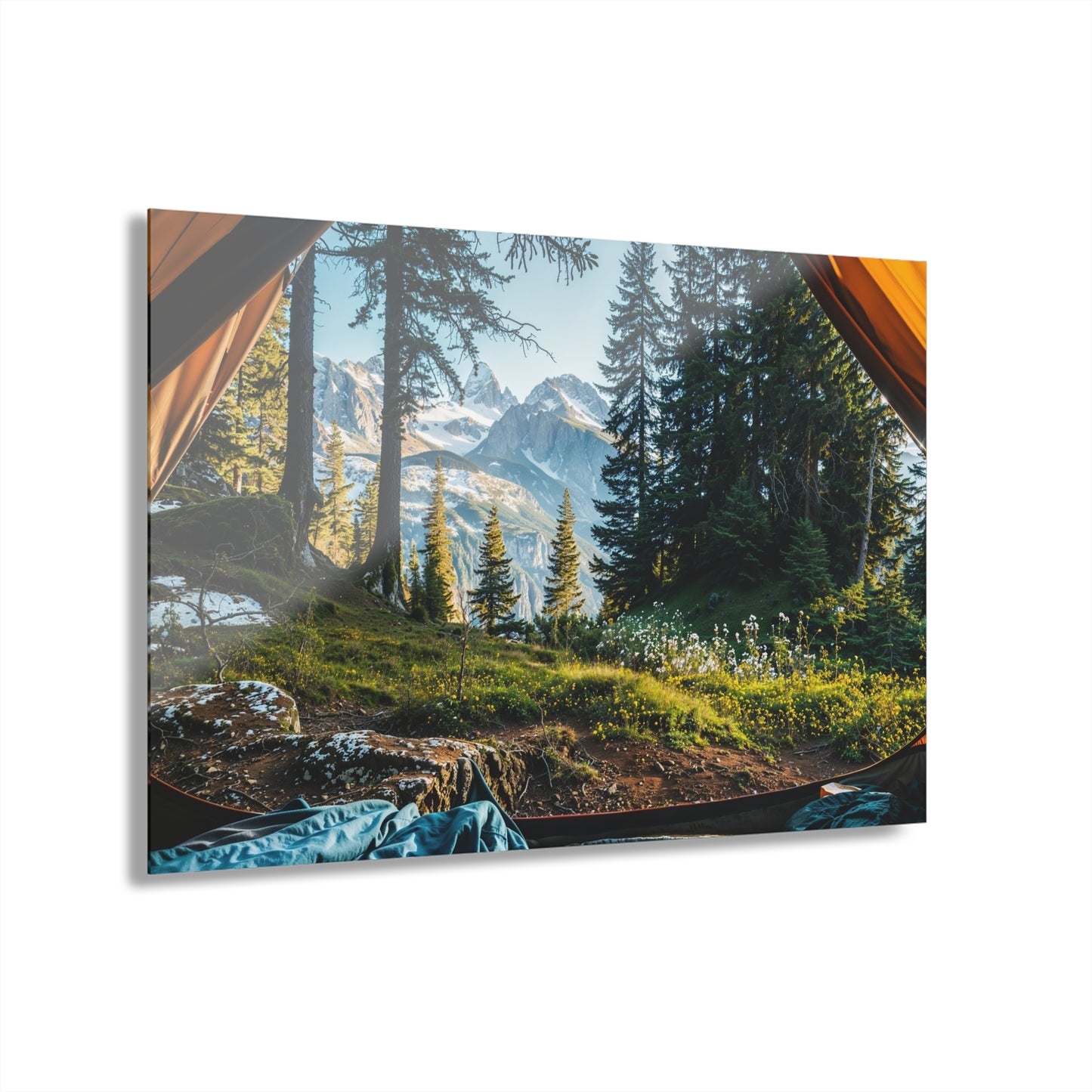 Mountain View from Tent Acrylic Wall Art – Adventure Landscape Print