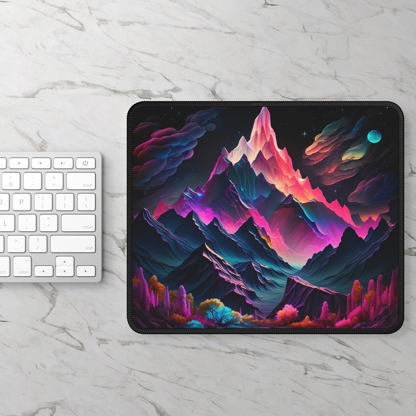 Fantasy Mountain Mouse Pad – Neon Galaxy Night Landscape
