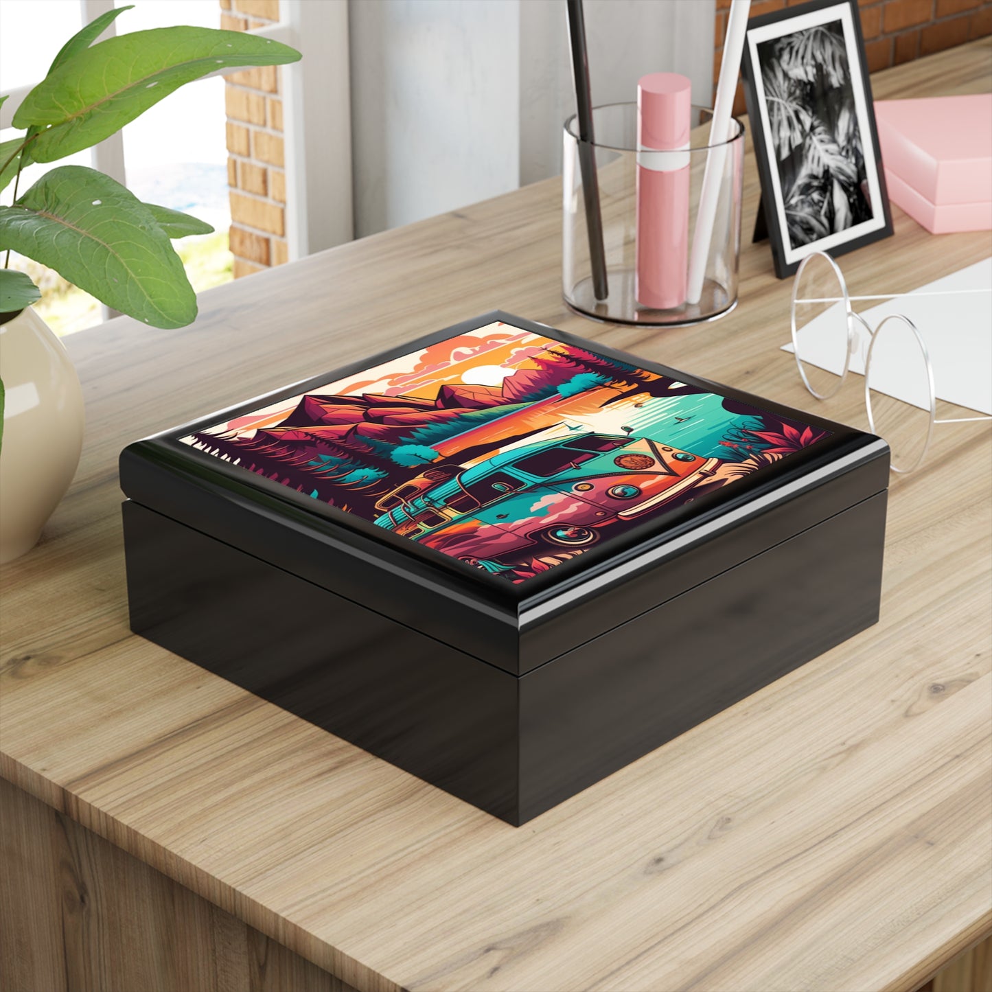 Vintage Camper Lake Jewelry Box – Sunset Mountain Scene