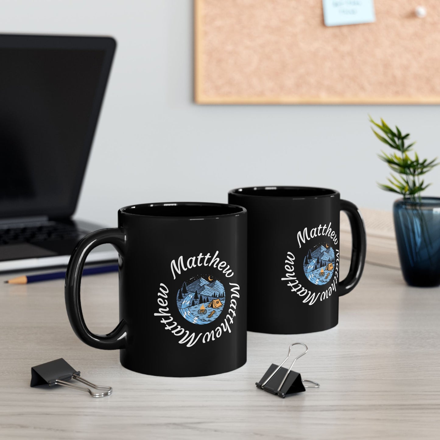 Black Camping Mug – Mountain & Tent Night Scene