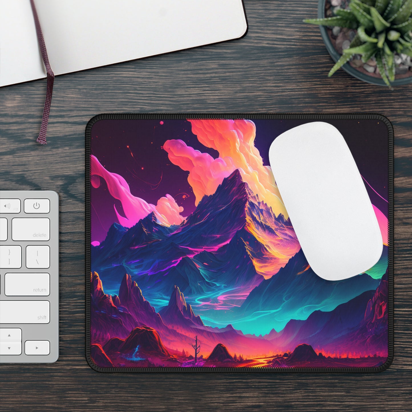Neon Fantasy Mountain Mouse Pad – Surreal Peakscape for Creators