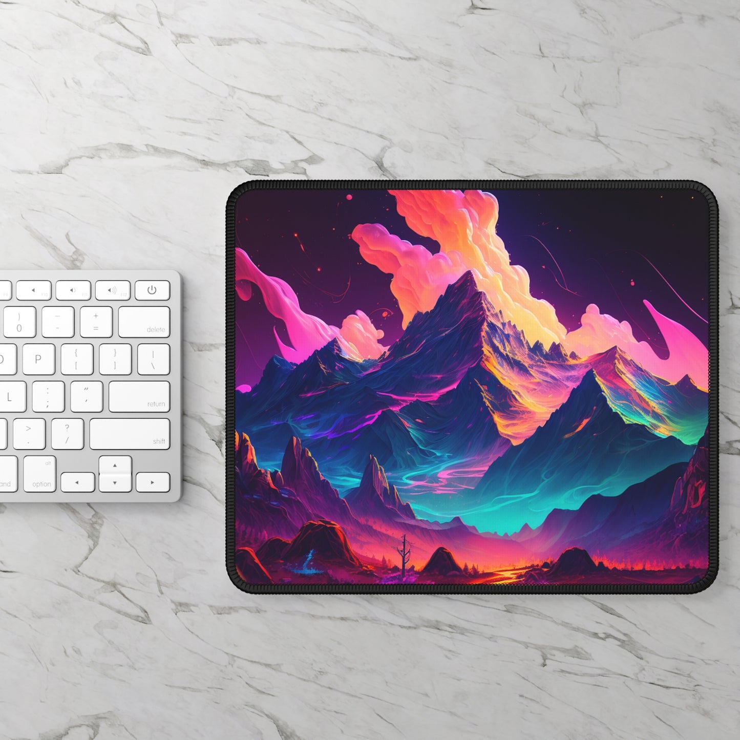 Neon Fantasy Mountain Mouse Pad – Surreal Peakscape for Creators