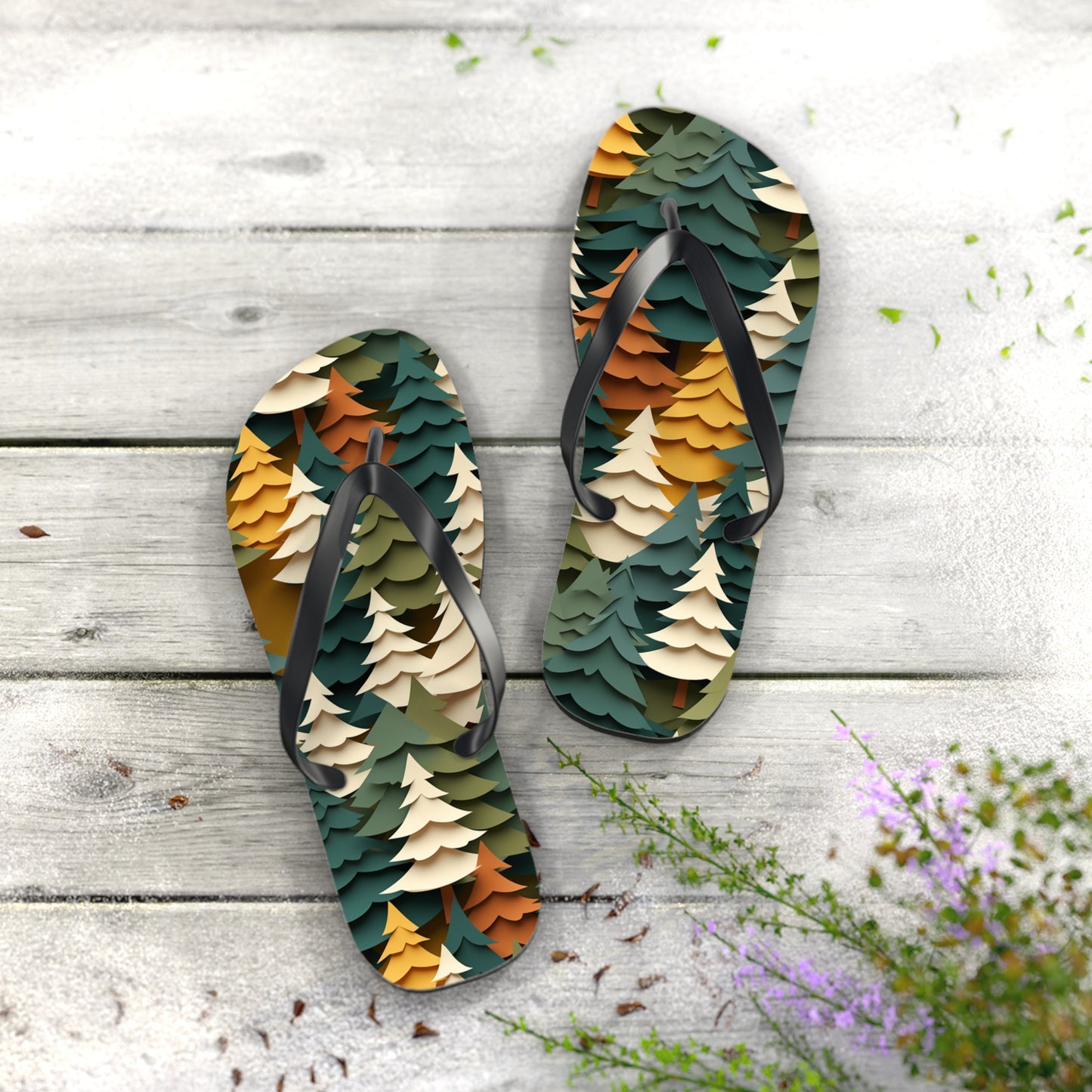 Fall Forest Flip Flops – Paper-Cut Tree Print Summer Sandals