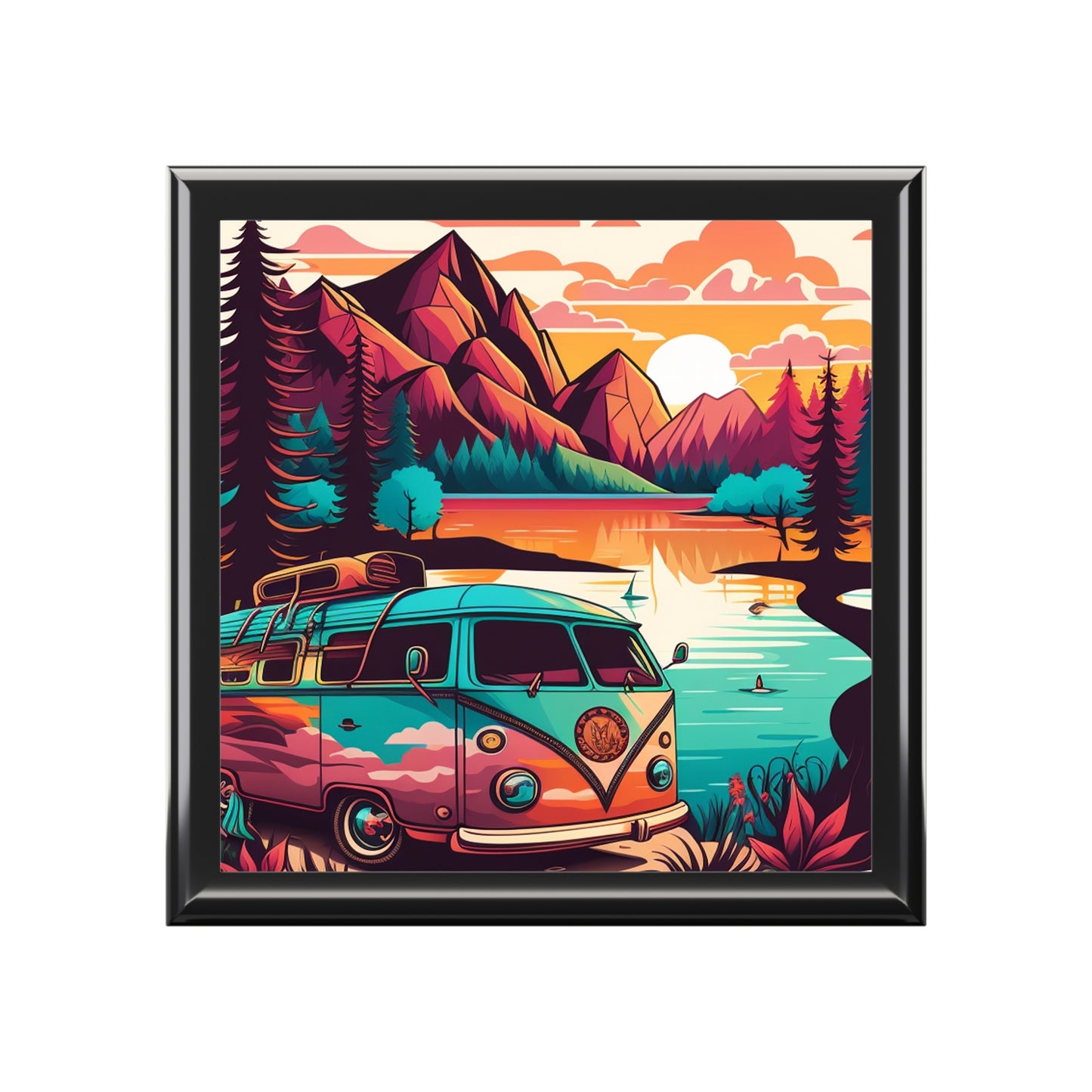 Vintage Camper Lake Jewelry Box – Sunset Mountain Scene