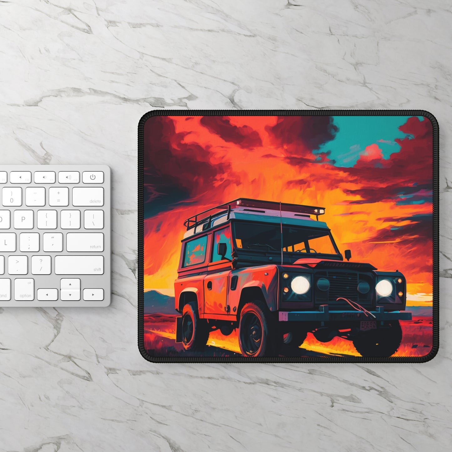 Desert Blaze Mouse Pad – Red Off-Road SUV in Sunset Storm