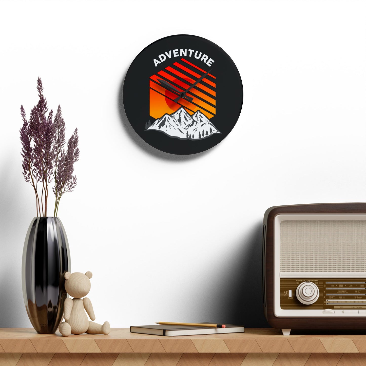 Adventure Sunset Wall Clock – Bold Mountain Art for Outdoor Explorers