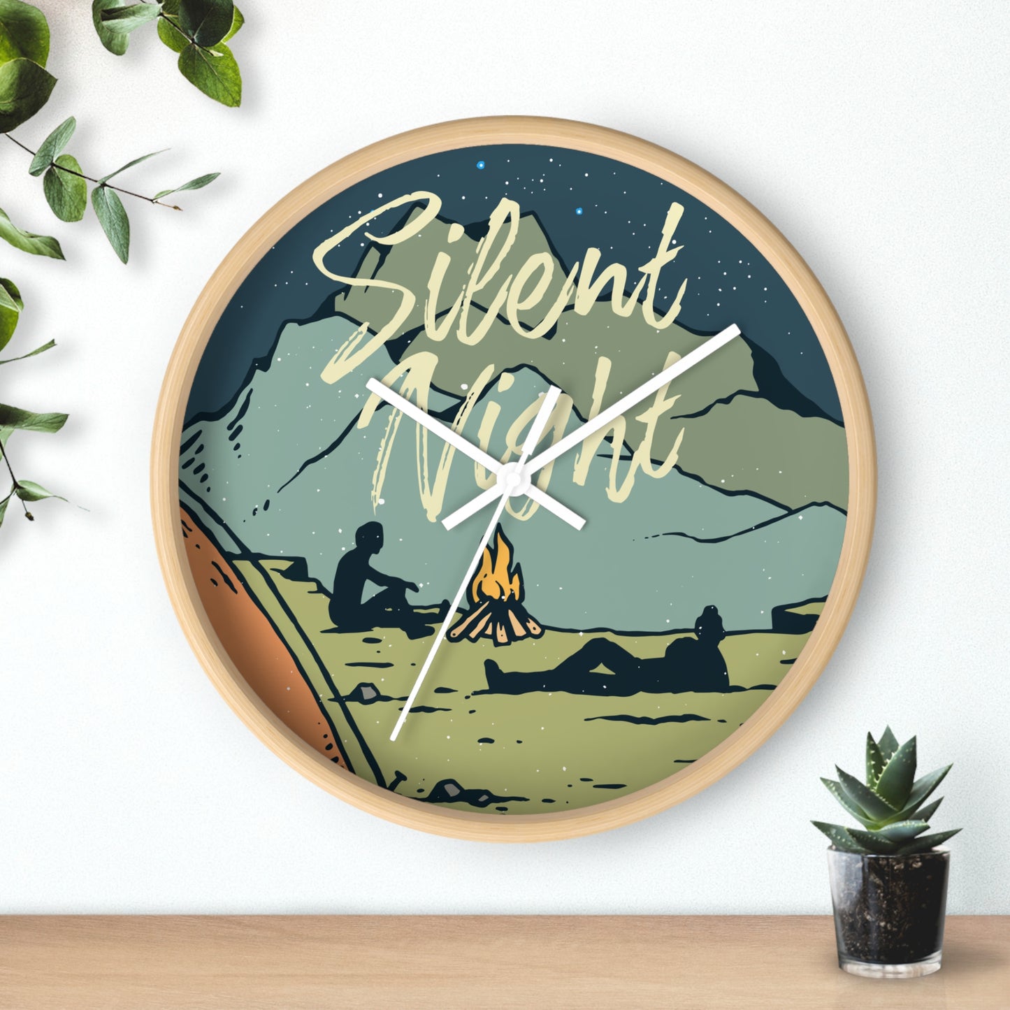 Camping wall clock hanging on wall - wood frame, white hands