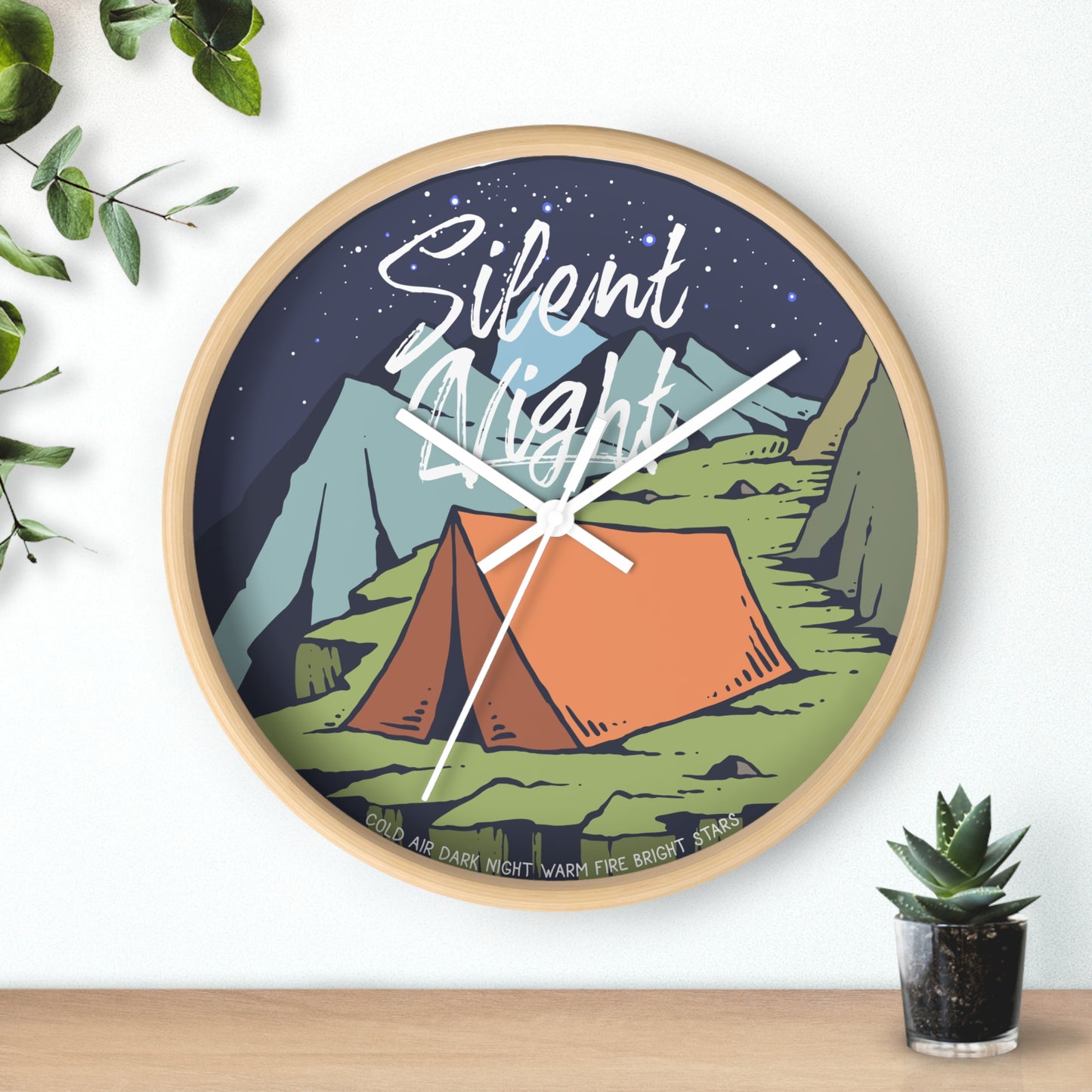 Camping wall clock – tent at night, wood frame, white hands - on the wall