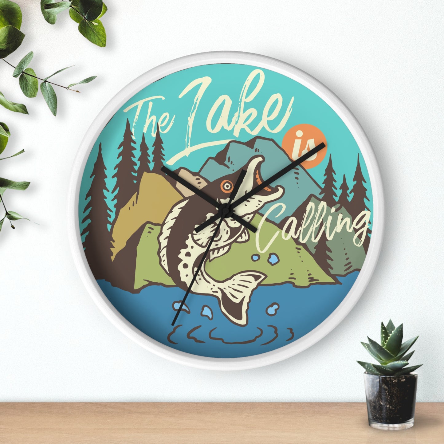 The Lake Is Calling – Fishing by the River Wall Clock, Silent, Wooden Frame