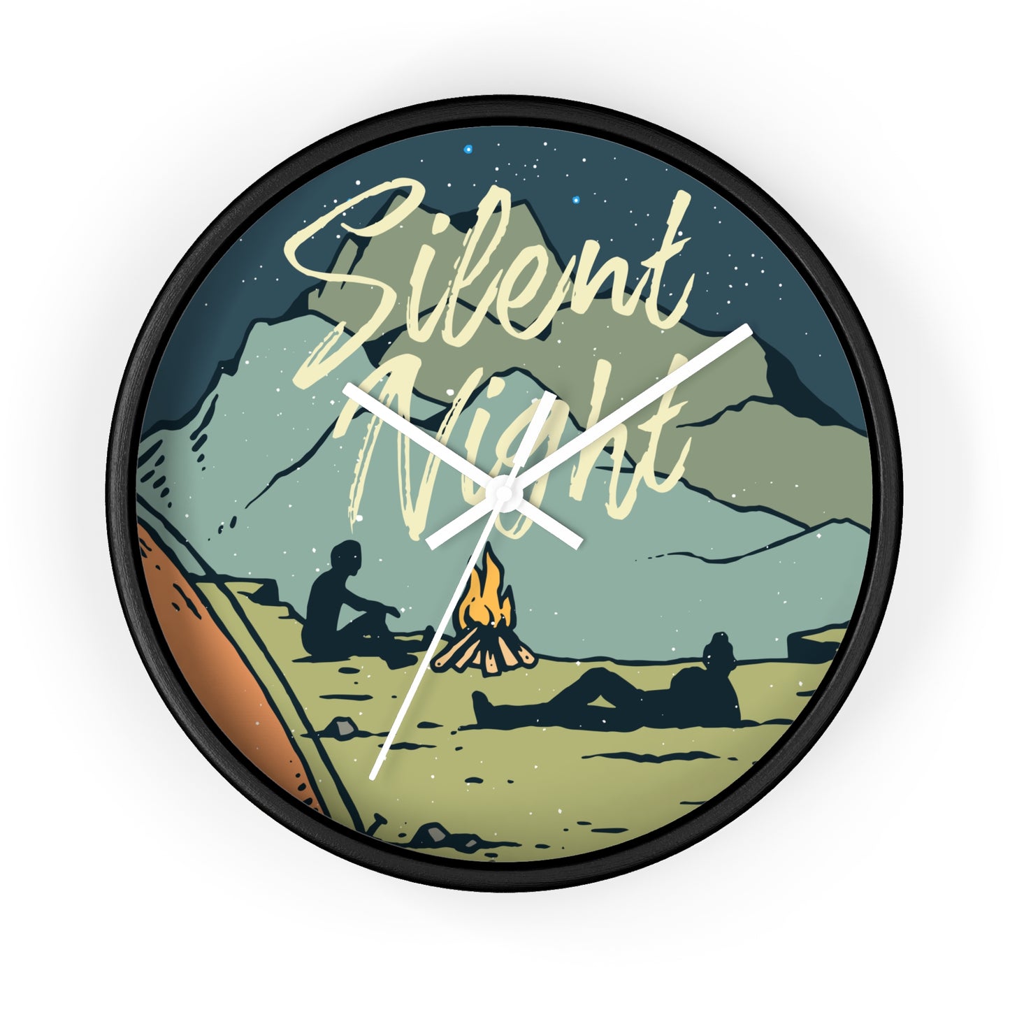 Camping wall clock – two people near fire, black frame, white hands