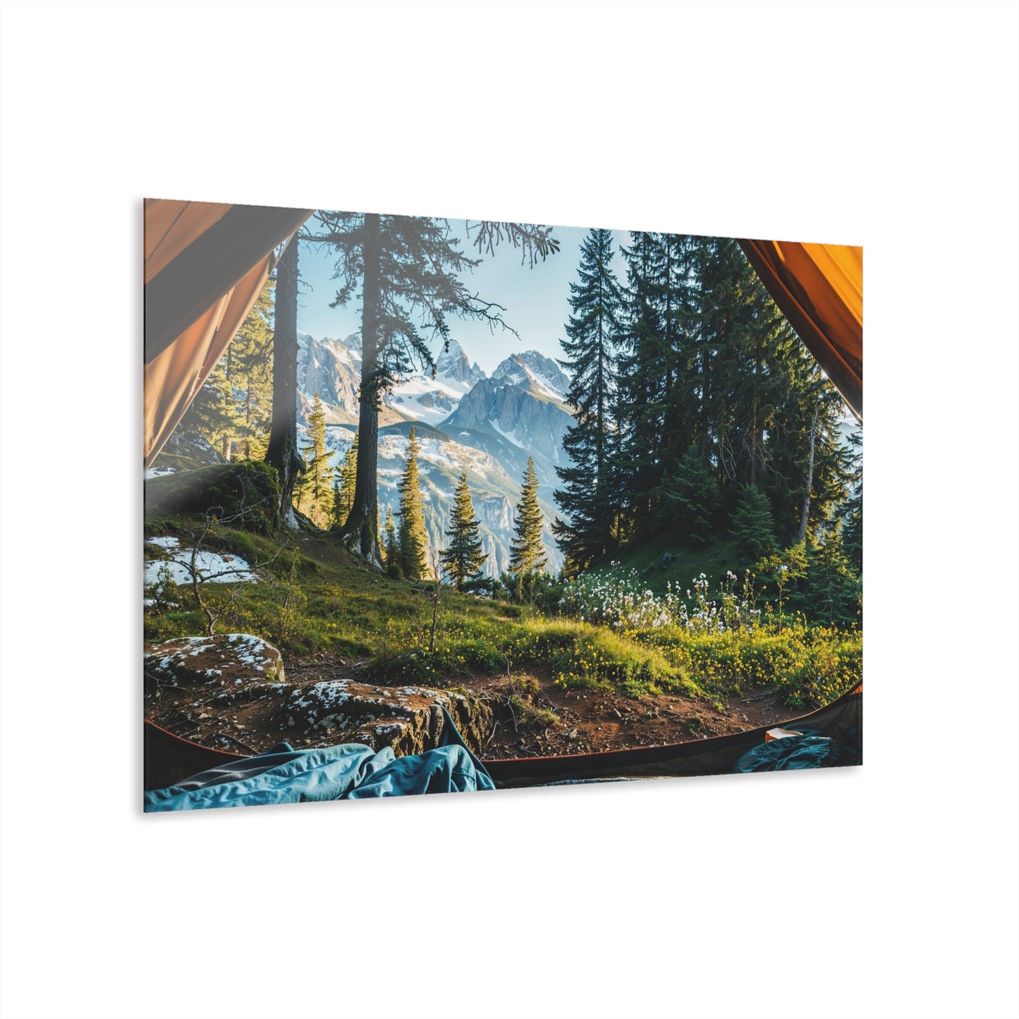 Mountain View from Tent Acrylic Wall Art – Adventure Landscape Print