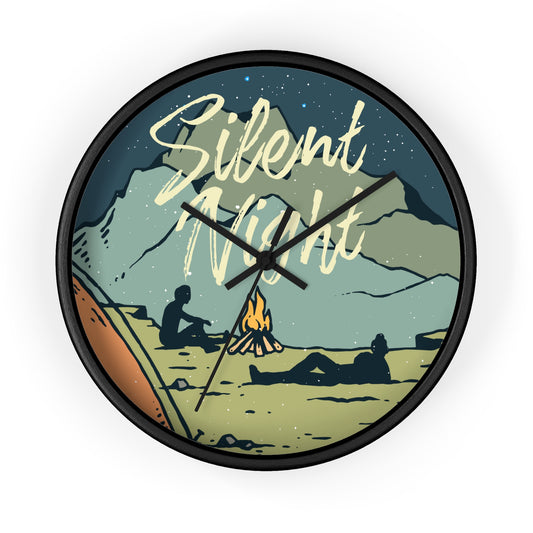 Camping wall clock – two people near fire, black frame, black hands
