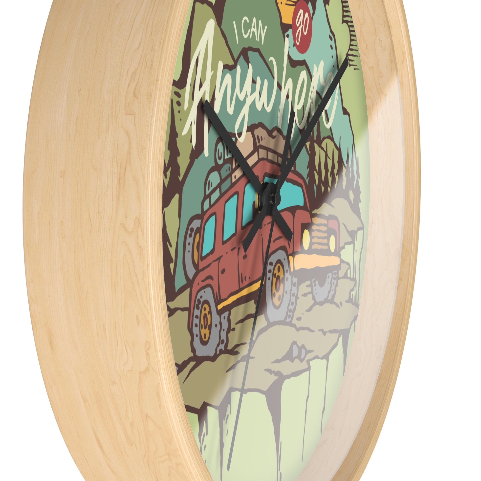Adventure wall clock – side view -wood frame, black hands