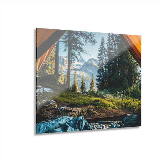 Mountain View from Tent Acrylic Wall Art – Adventure Landscape Print