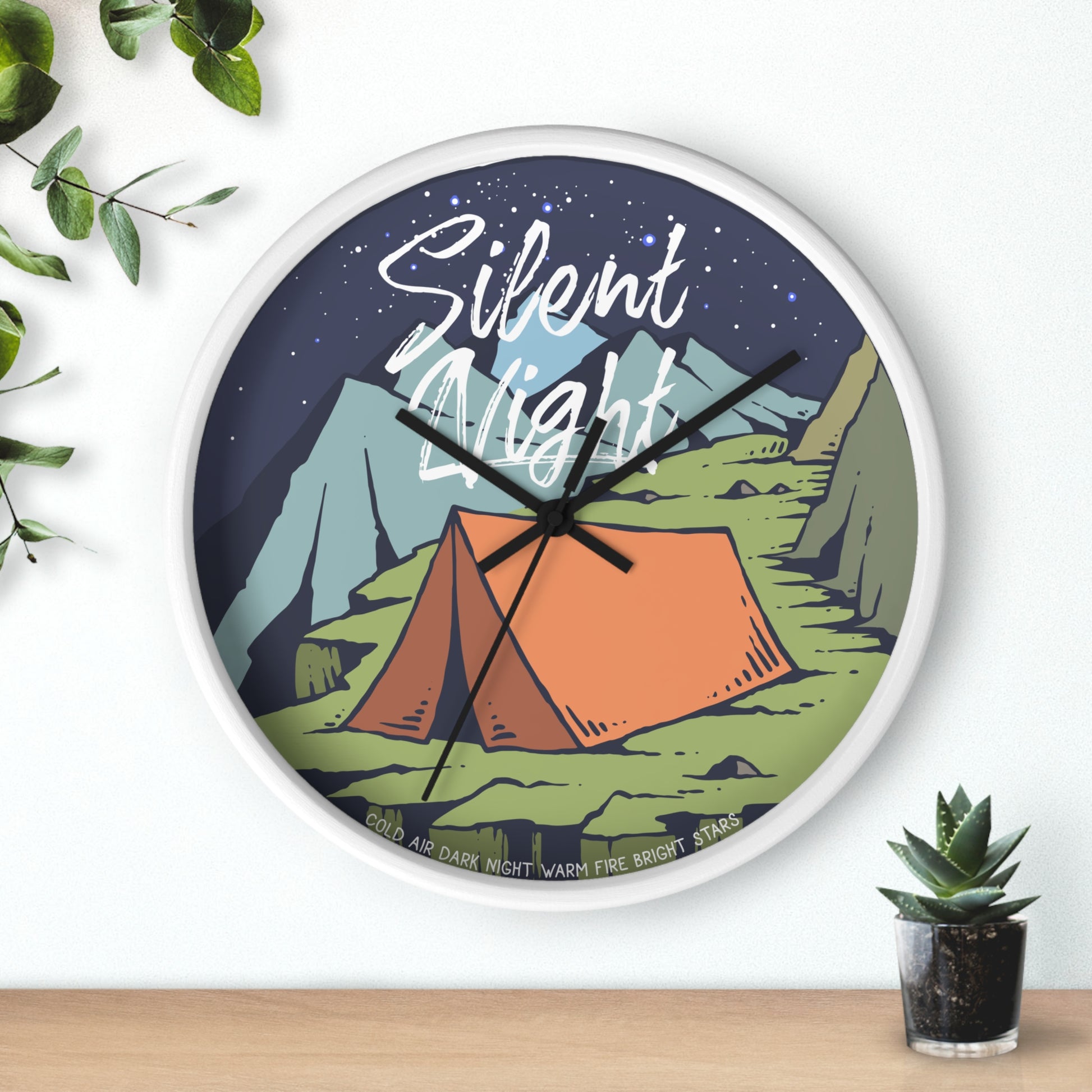 Camping wall clock – tent at night, white frame, black hands