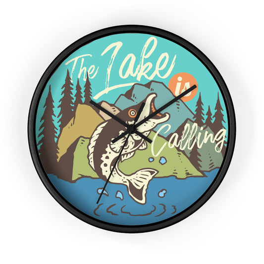 The Lake Is Calling – Fishing by the River Wall Clock, Silent, Wooden Frame