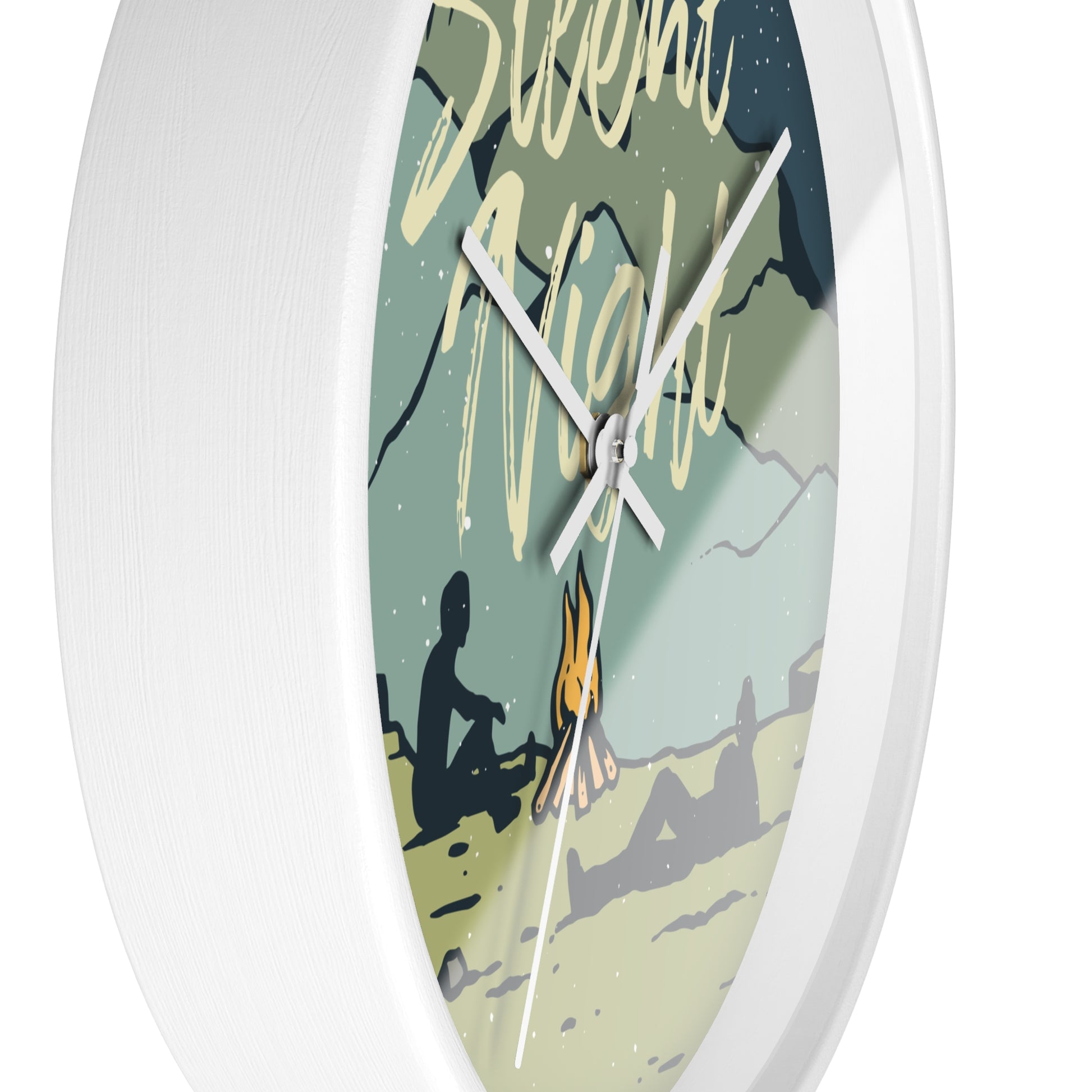 Silent night camping wall clock close-up - side view