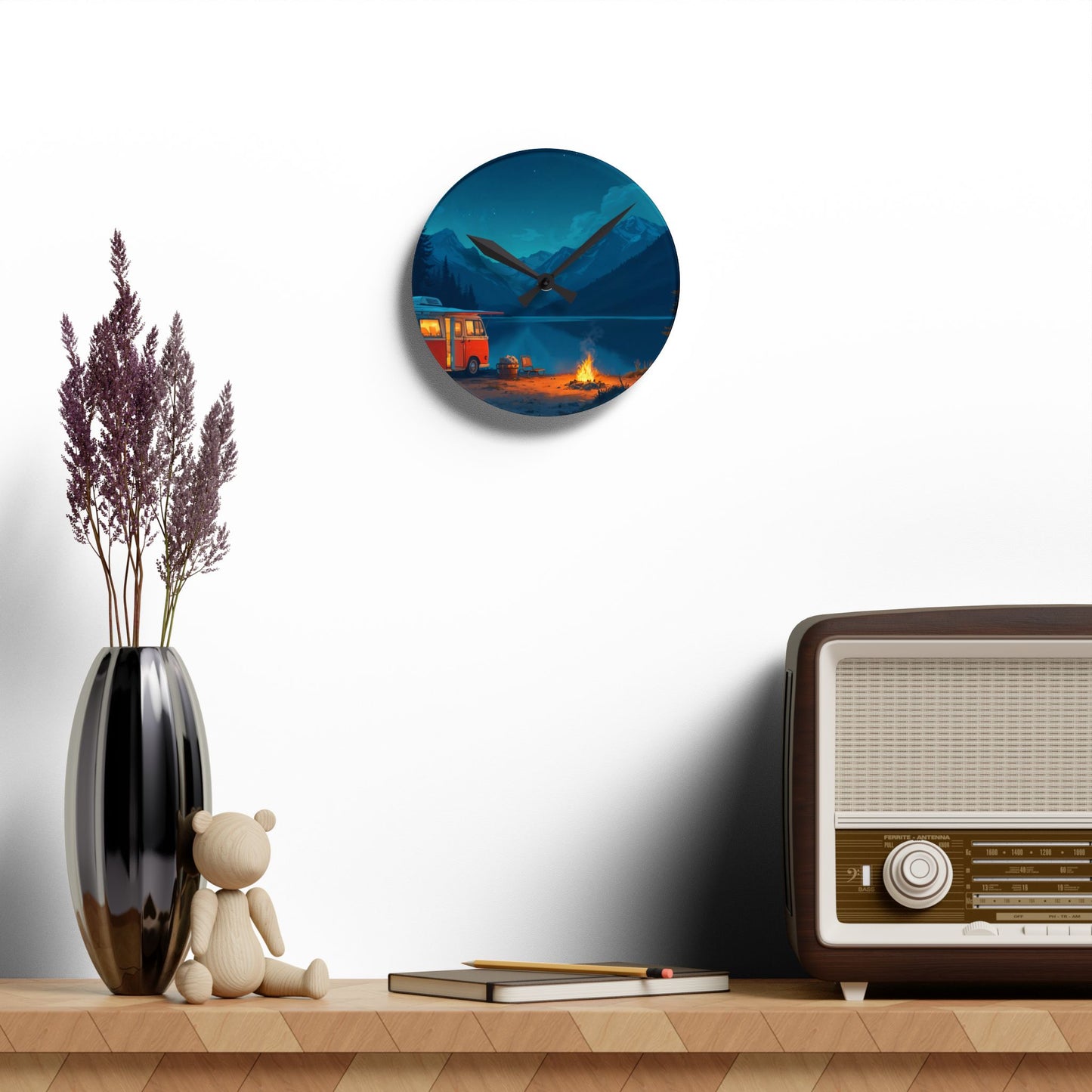 Lakeside Campfire Wall Clock – Serene Van Life Decor for Nature Lovers