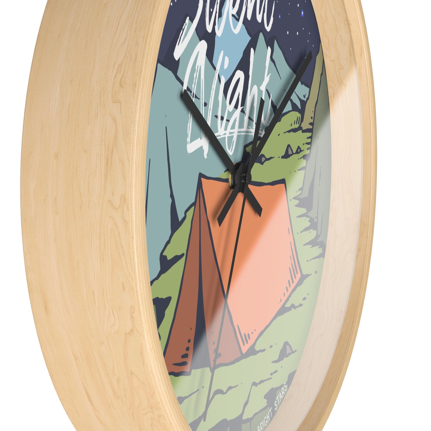 Camping wall clock – tent at night, wood frame, black hands, side view