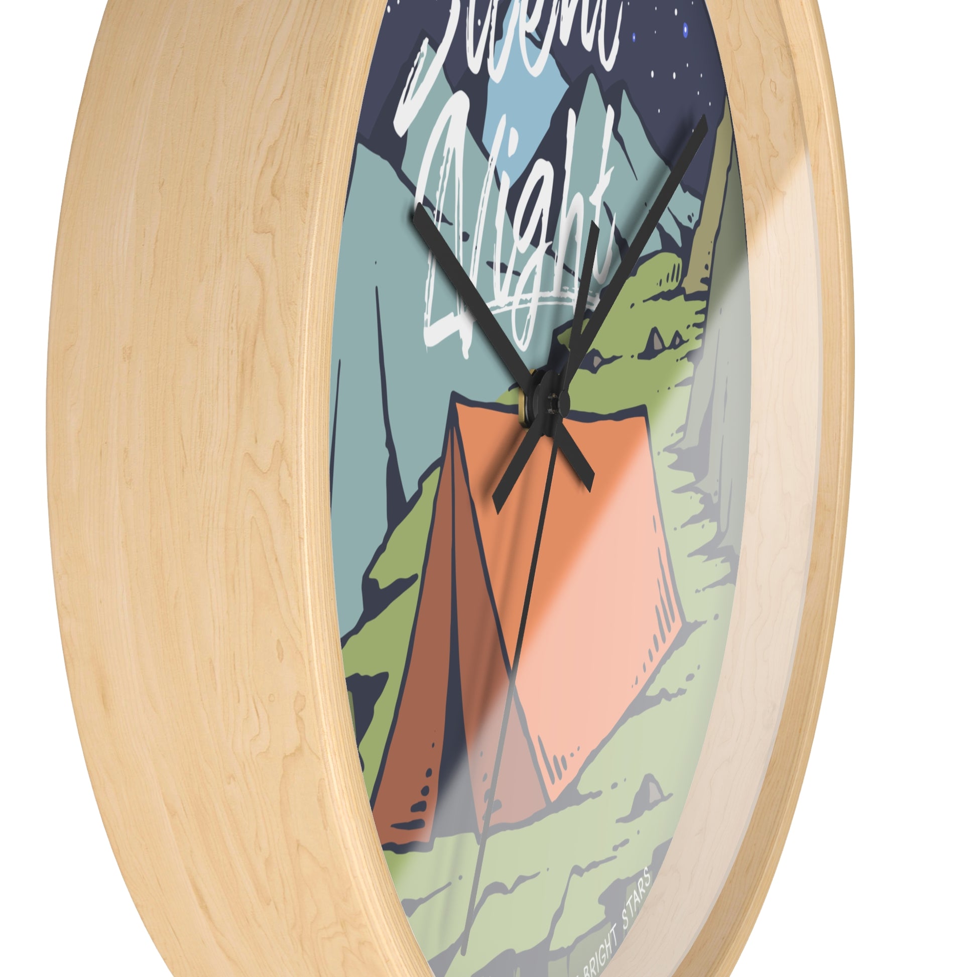 Camping wall clock – tent at night, wood frame, black hands, side view