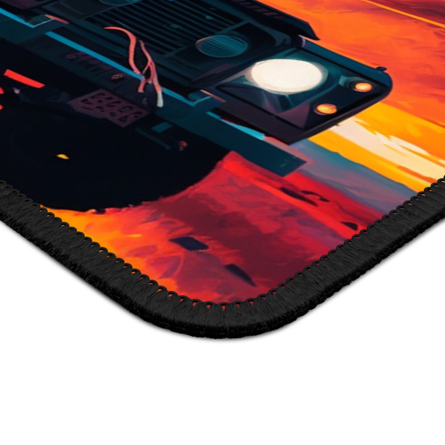 Desert Blaze Mouse Pad – Red Off-Road SUV in Sunset Storm
