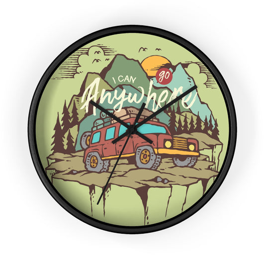 I Can Go Anywhere adventure wall clock with RV and mountains