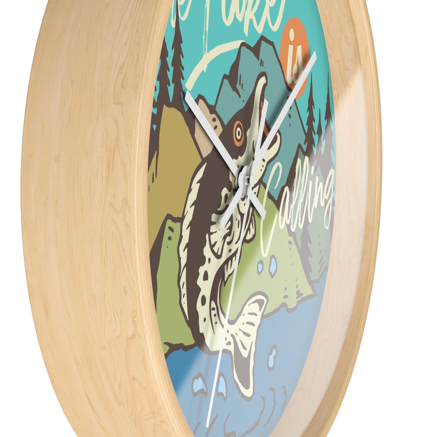 The Lake Is Calling – Fishing by the River Wall Clock, Silent, Wooden Frame