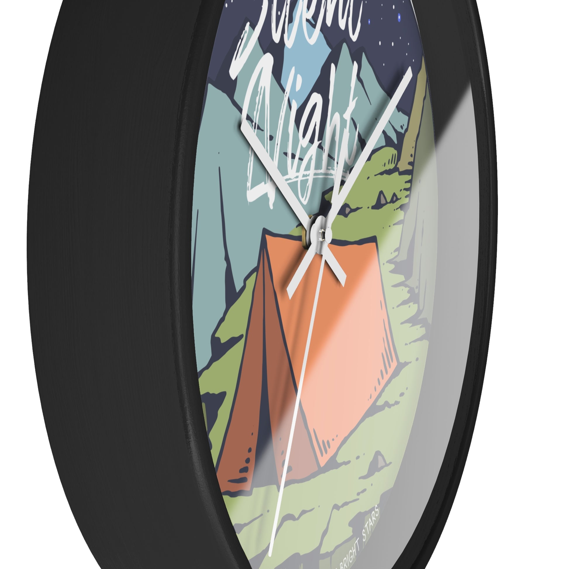 Silent night camping wall clock close-up white hands