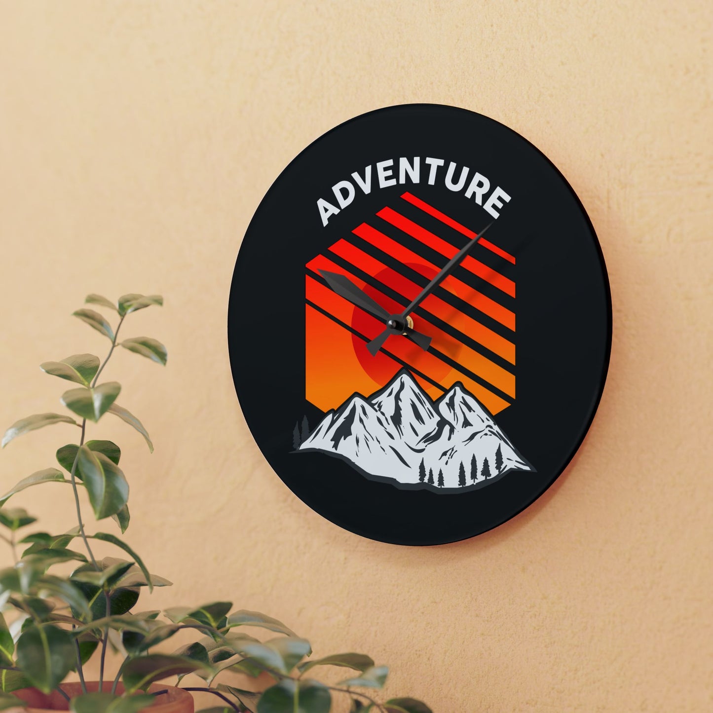 Adventure Sunset Wall Clock – Bold Mountain Art for Outdoor Explorers