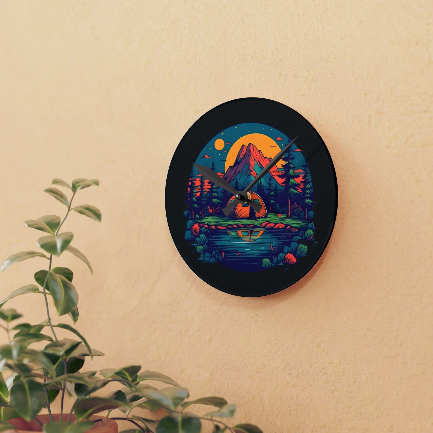 Nature Escape Acrylic Wall Clock – Mountain & Tent Art for Outdoor Lovers