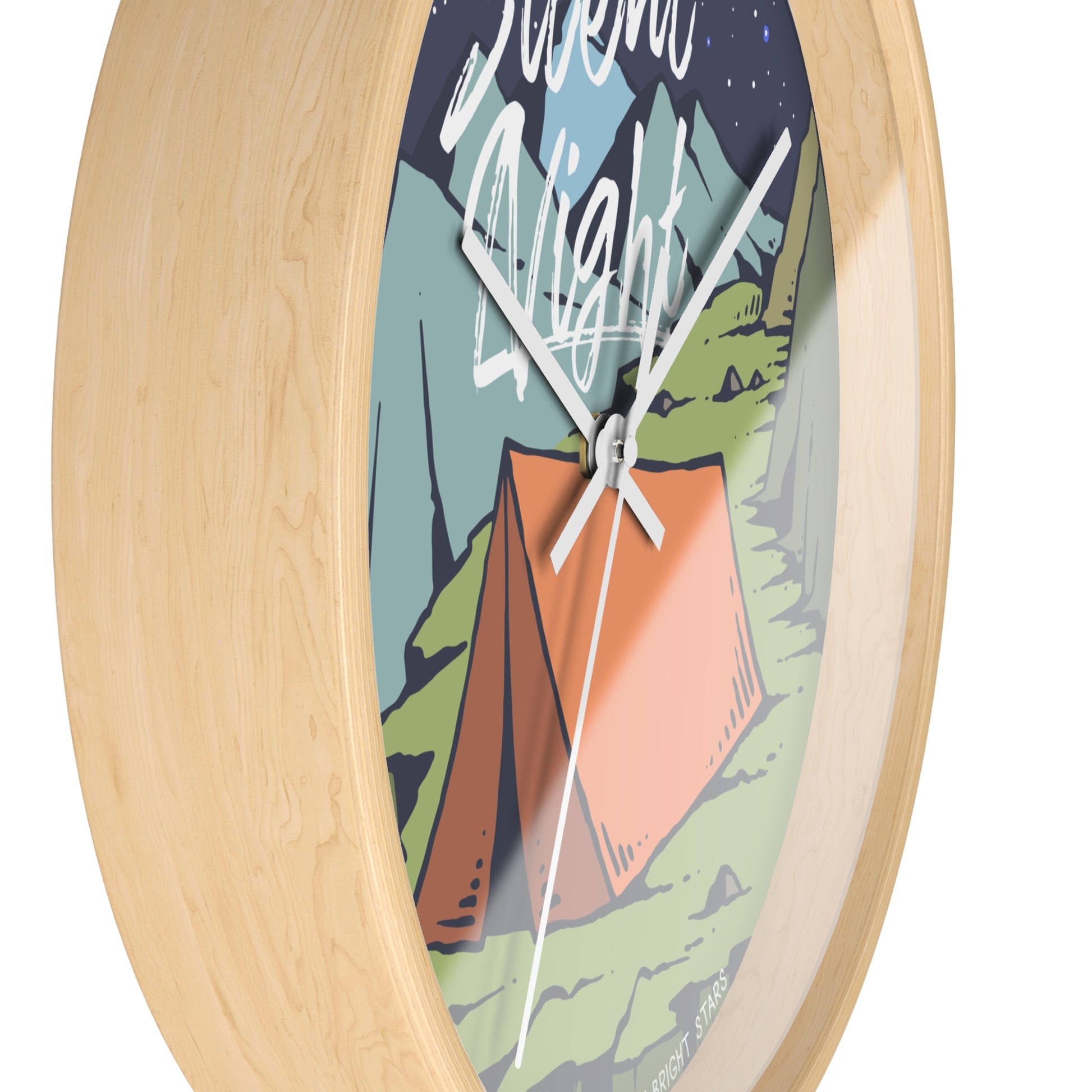 Camping wall clock – tent at night, wood frame, black hands, side view