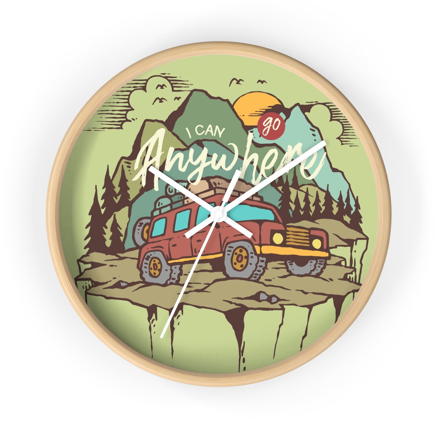 Adventure wall clock – RV camping scene, wood frame,white hands