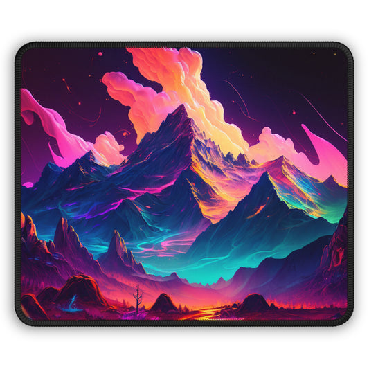 Neon Fantasy Mountain Mouse Pad – Surreal Peakscape for Creators