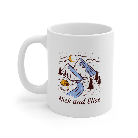 Couples Camping Mug – Mountain & Tent Design