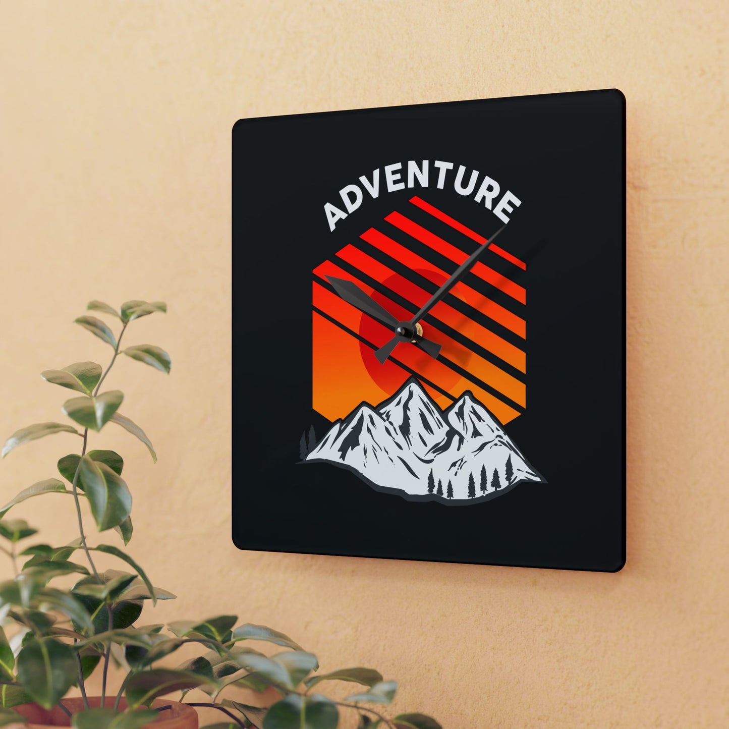 Adventure Sunset Wall Clock – Bold Mountain Art for Outdoor Explorers