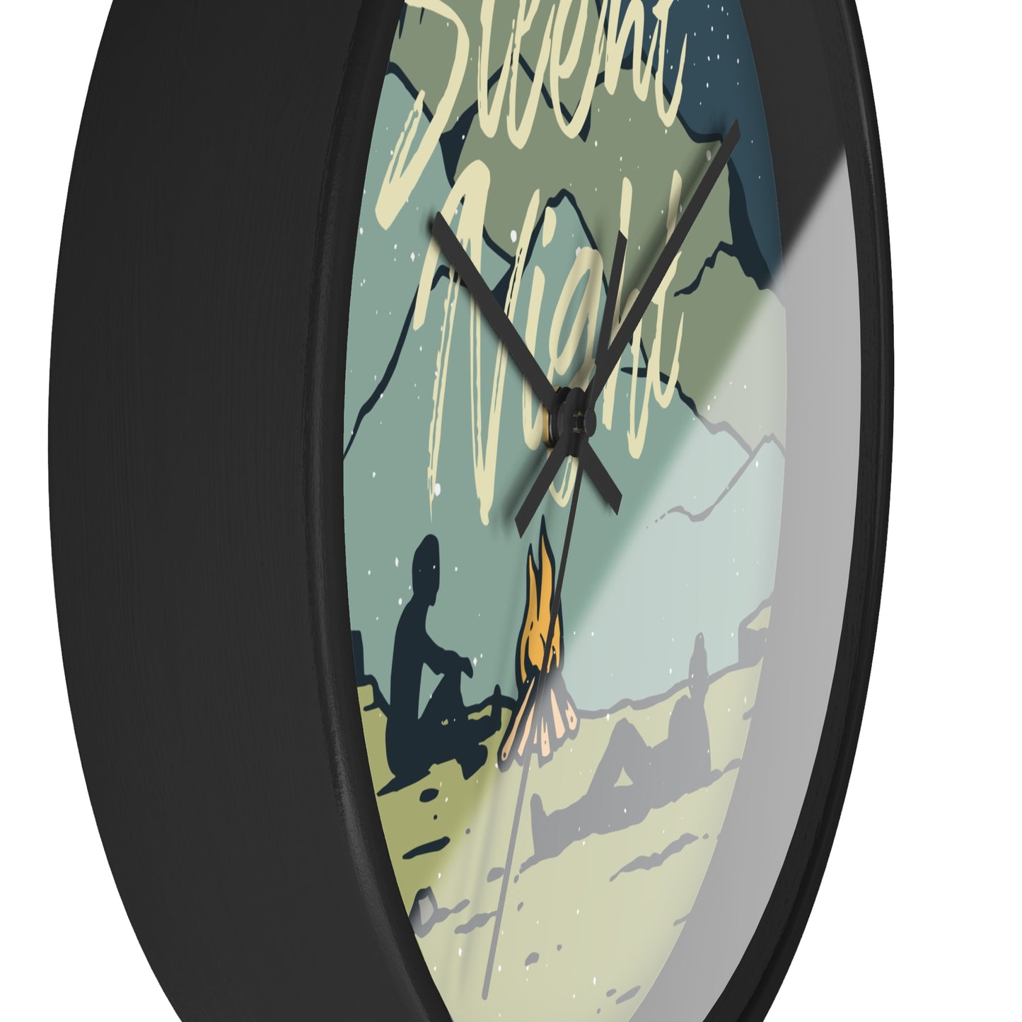 Camping wall clock – angled view, black frame, black hands