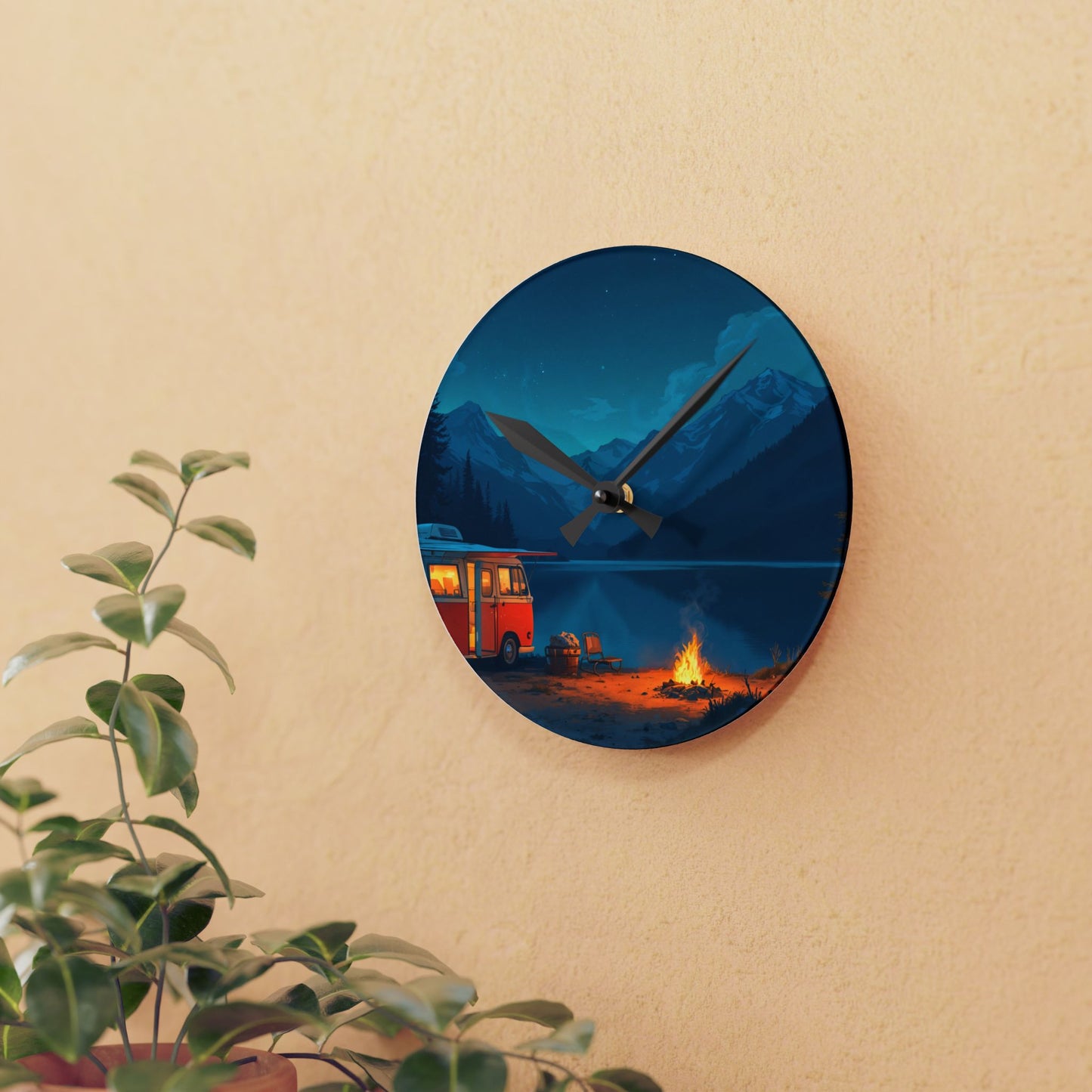 Lakeside Campfire Wall Clock – Serene Van Life Decor for Nature Lovers