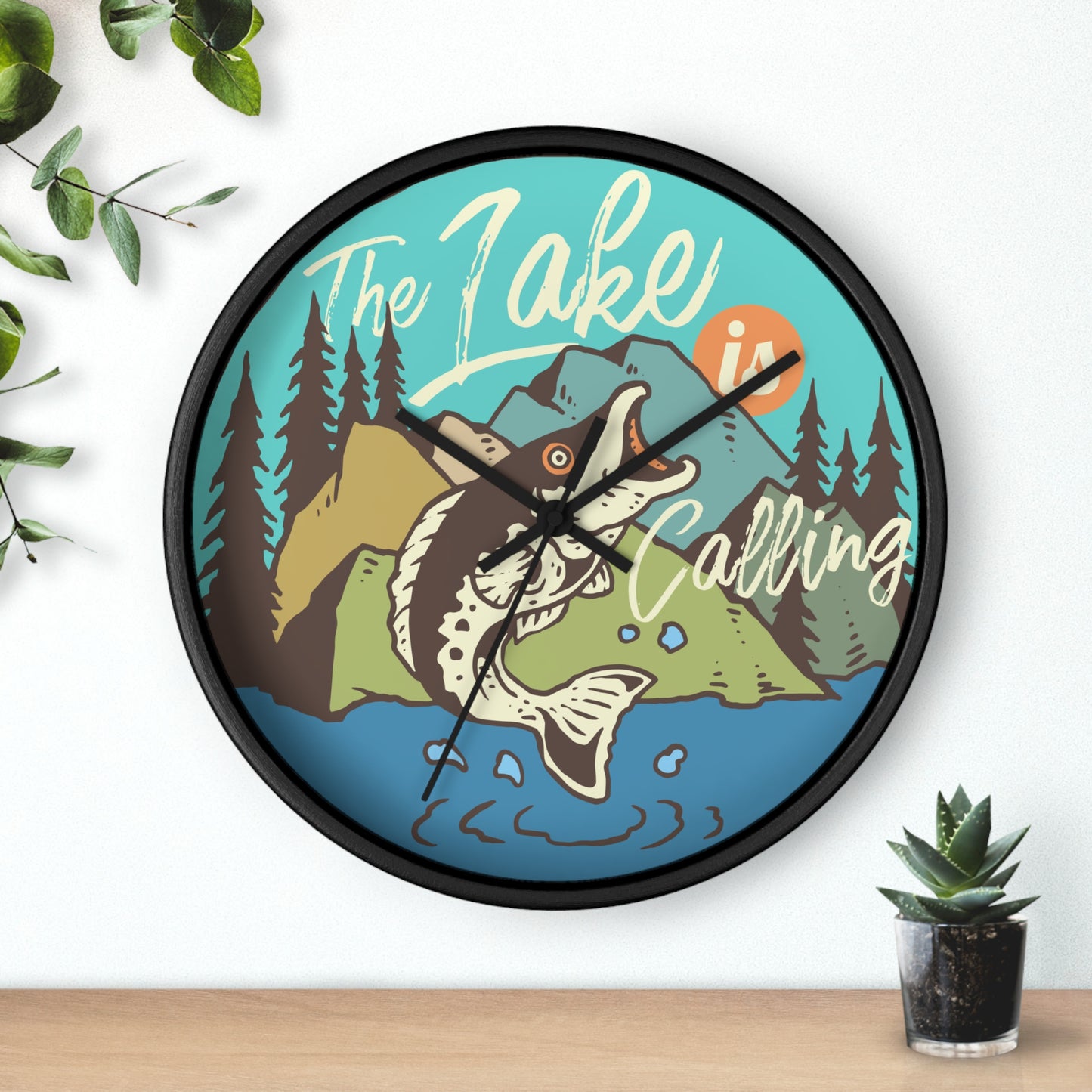 The Lake Is Calling – Fishing by the River Wall Clock, Silent, Wooden Frame