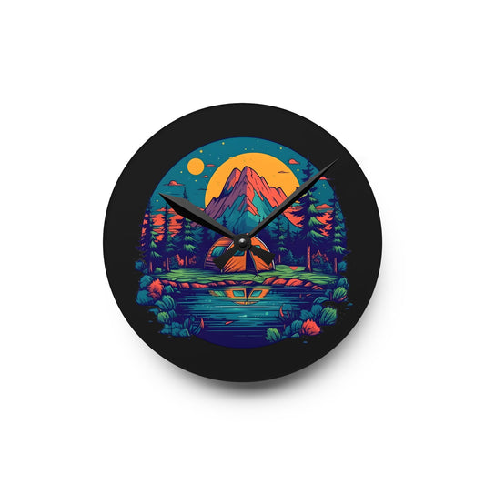 Nature Escape Acrylic Wall Clock – Mountain & Tent Art for Outdoor Lovers