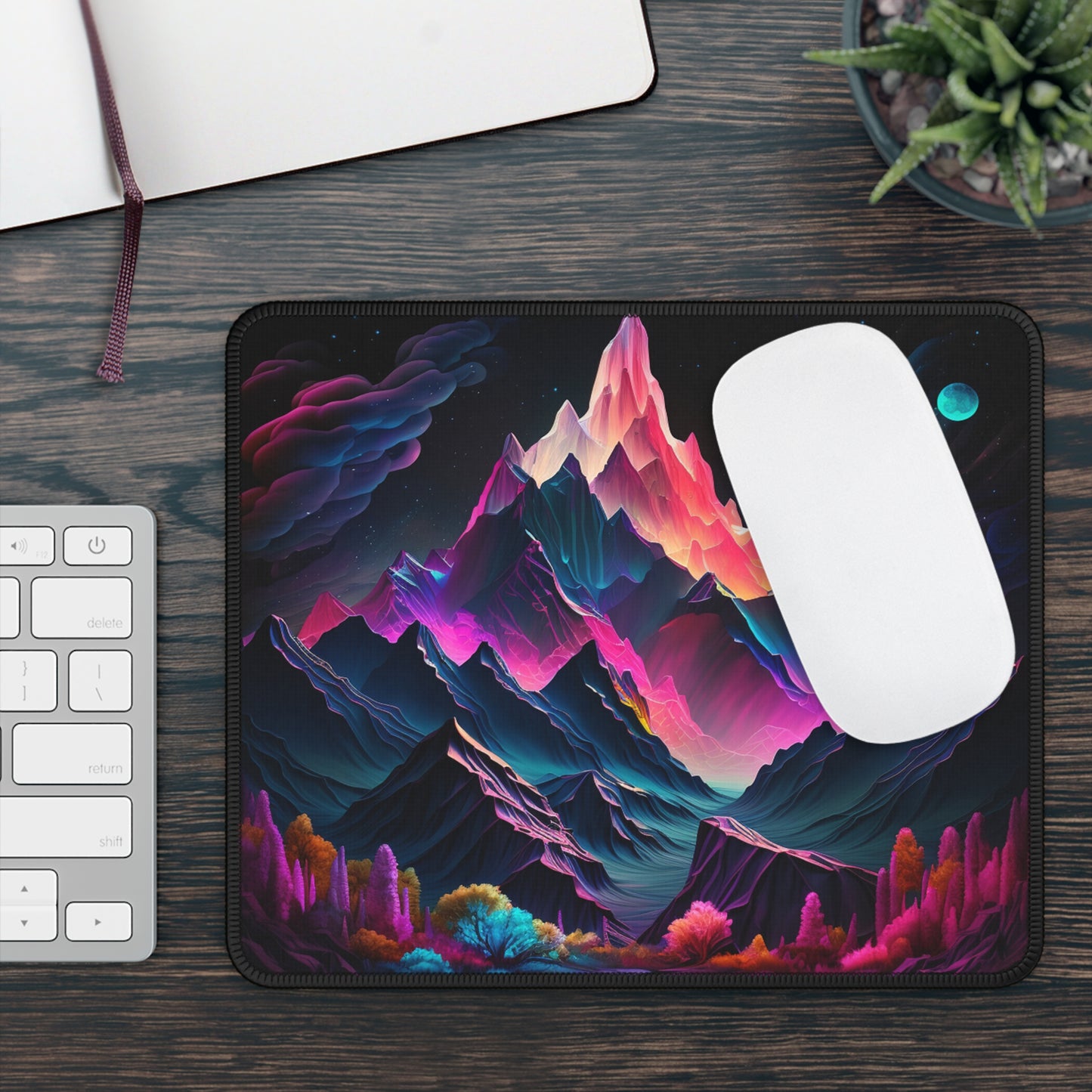 Fantasy Mountain Mouse Pad – Neon Galaxy Night Landscape