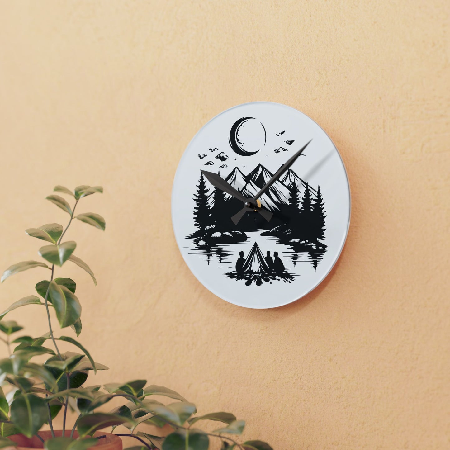 Monochrome Wilderness Wall Clock – Minimal Art for Outdoor Souls