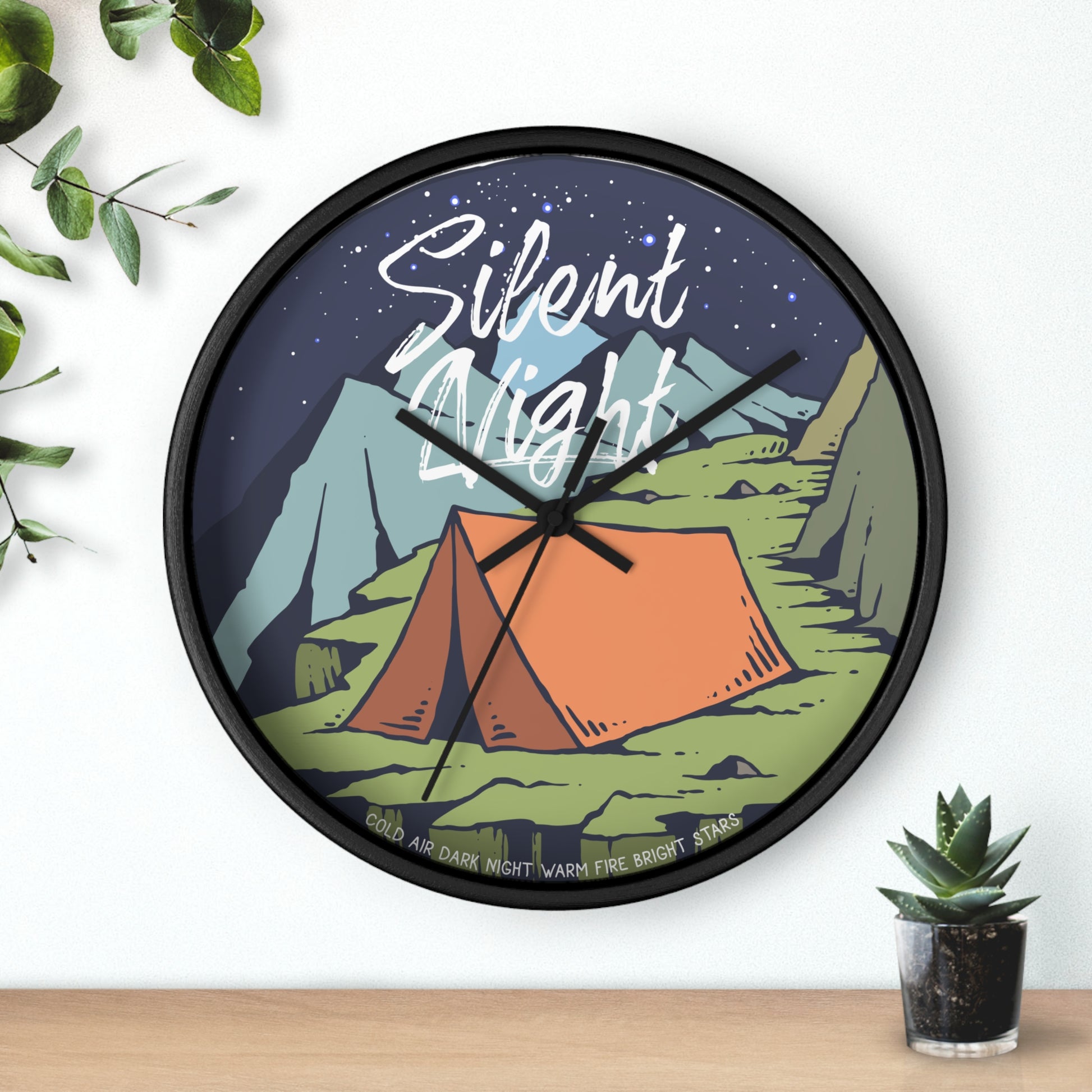 Silent night camping wall clock close-up