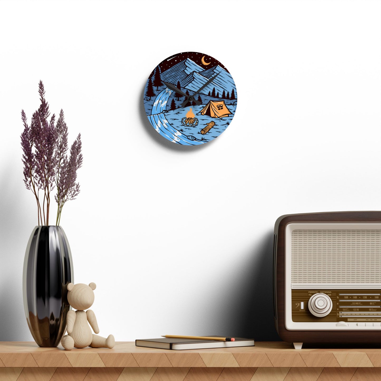 Night River Camp Wall Clock – Scenic Nature Art for Outdoor Souls