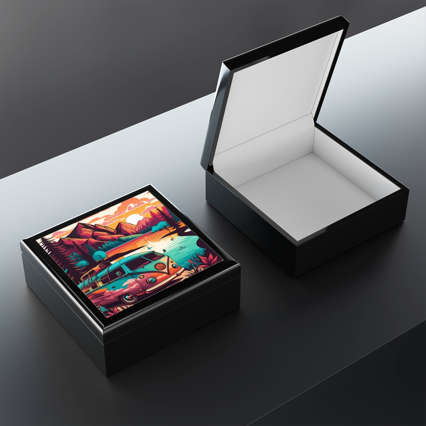 Vintage Camper Lake Jewelry Box – Sunset Mountain Scene